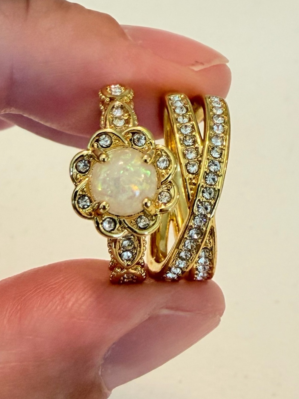 Gold Opal Floral Halo Bridal White Ring. - Picture 3 of 8